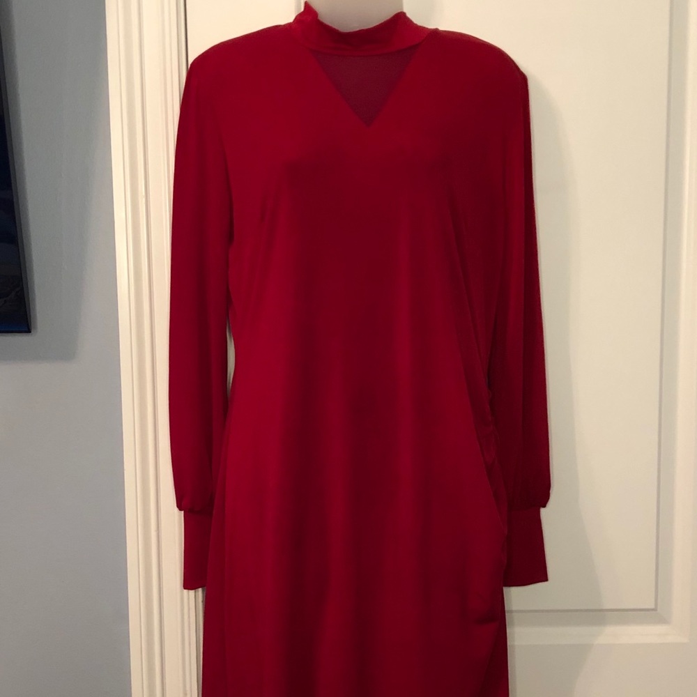 NWOT Red Dress with Long Sleeves, Mesh V-neckline